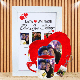 Personalized Love Story Gift Set | Custom Photo Frame, Heart Cushion, Mug & Keychain for Couples