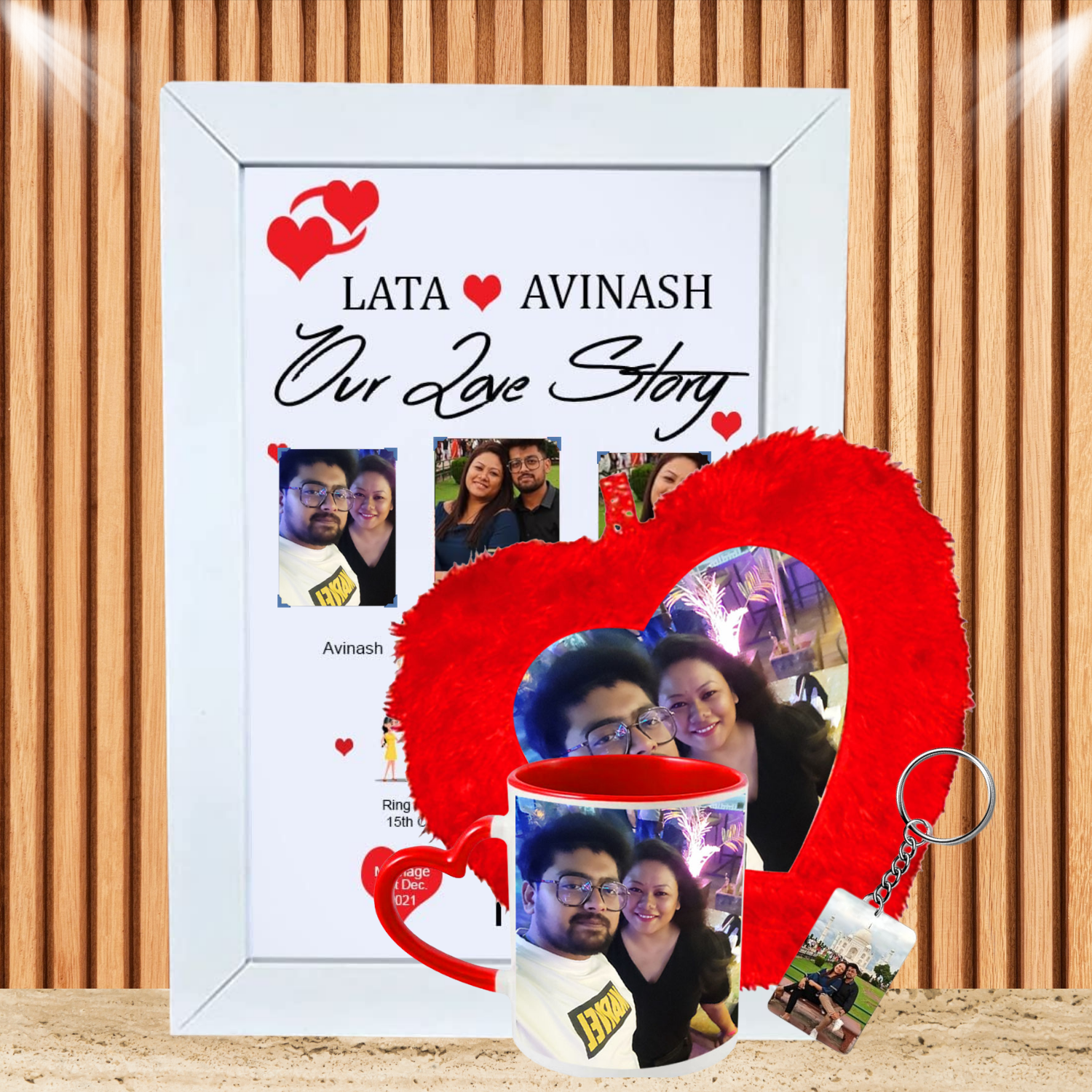 Personalized Love Story Gift Set | Custom Photo Frame, Heart Cushion, Mug & Keychain for Couples