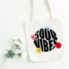 Good Vibes Canvas Tote Bag | Floral Print Eco-Friendly Reusable Shopping Bag | Trendy Daily Carry Bag for Women & Girls