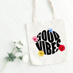 Good Vibes Canvas Tote Bag | Floral Print Eco-Friendly Reusable Shopping Bag | Trendy Daily Carry Bag for Women & Girls