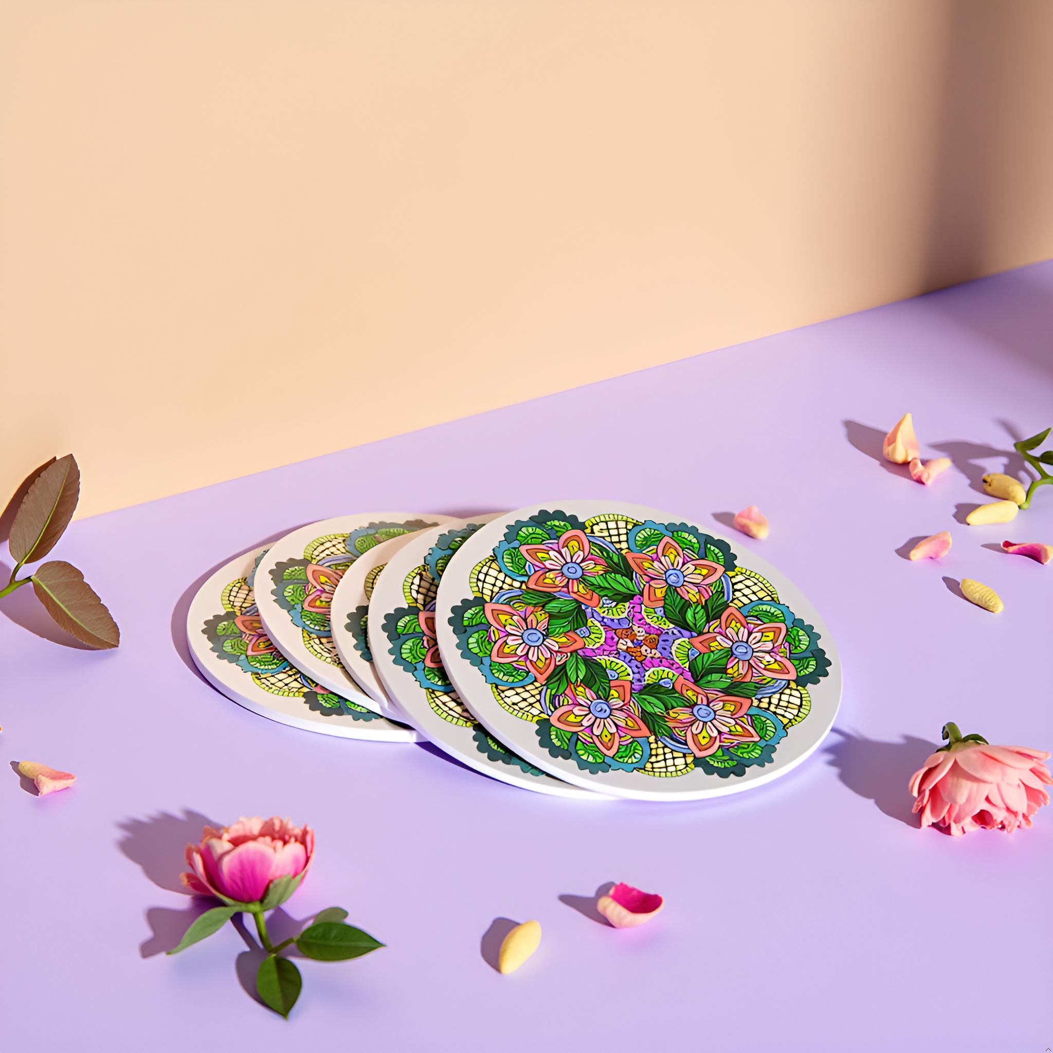 Mandala Rangoli Printed MDF Tea/Coffee Coaster Set – Printed Round Coasters (Set of 4)