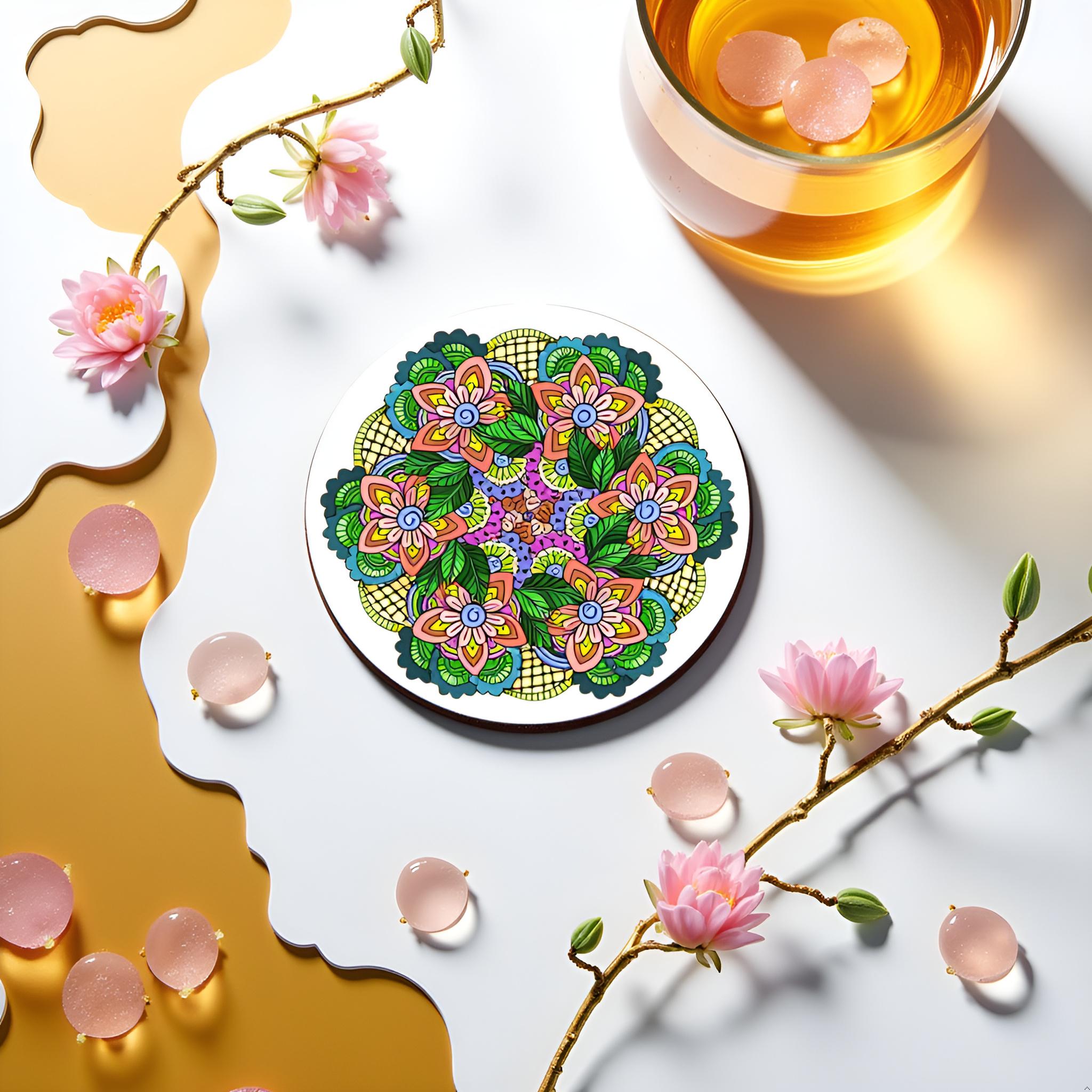 Mandala Rangoli Printed MDF Tea/Coffee Coaster Set – Printed Round Coasters (Set of 4) - Image 2